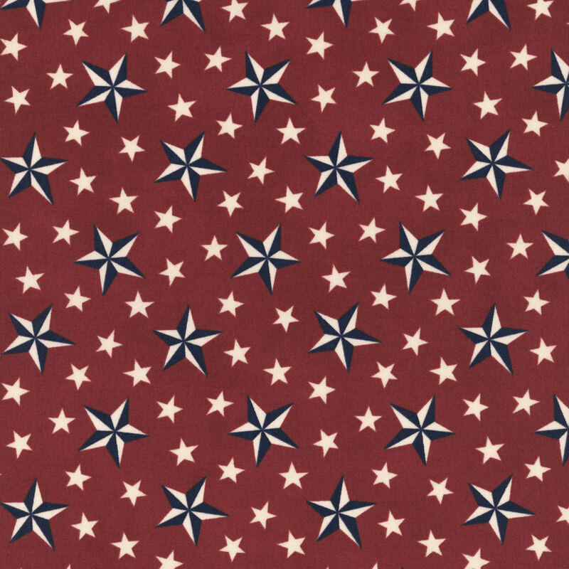 Scarlet fabric with a pattern of stylized stars in red, white, and blue.