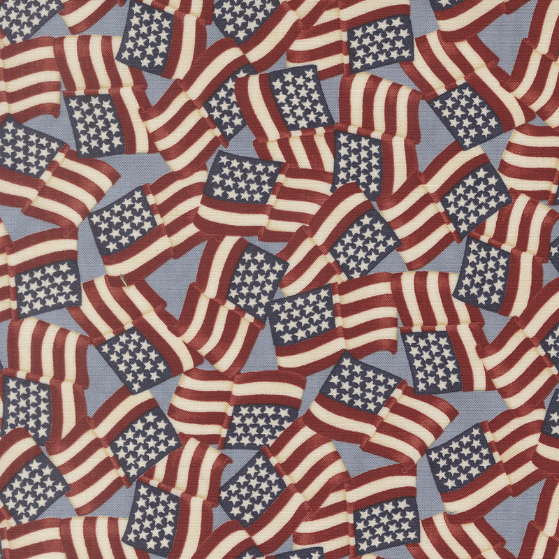 Steel blue fabric with a dense pattern of American flags.