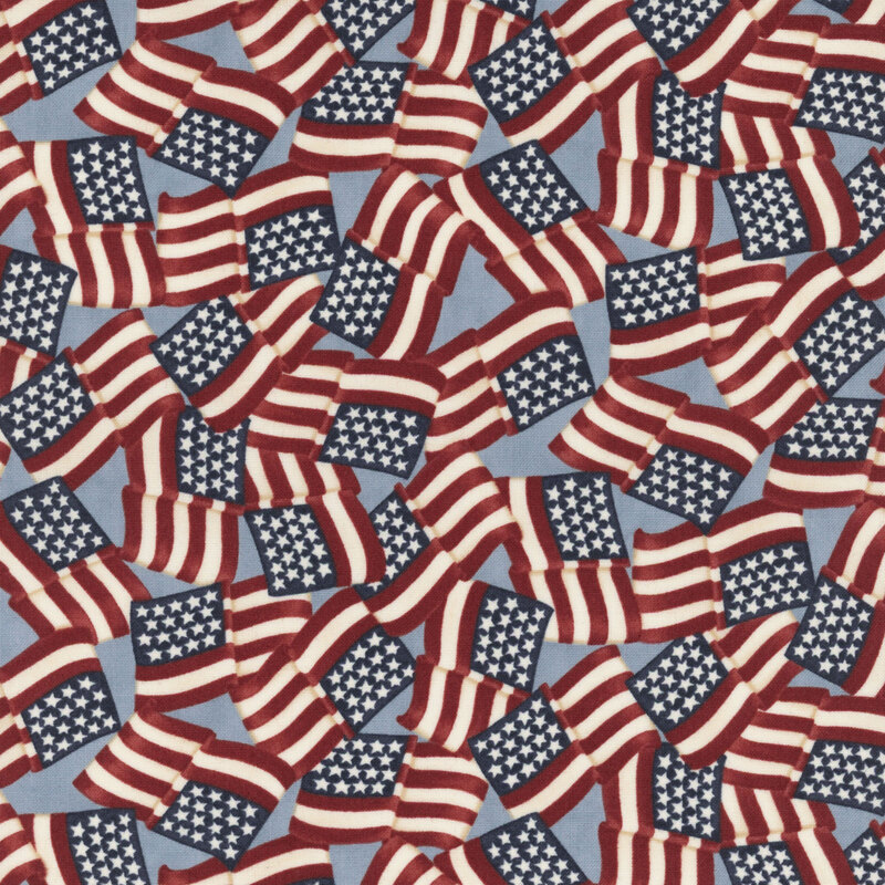 Steel blue fabric with a dense pattern of American flags.