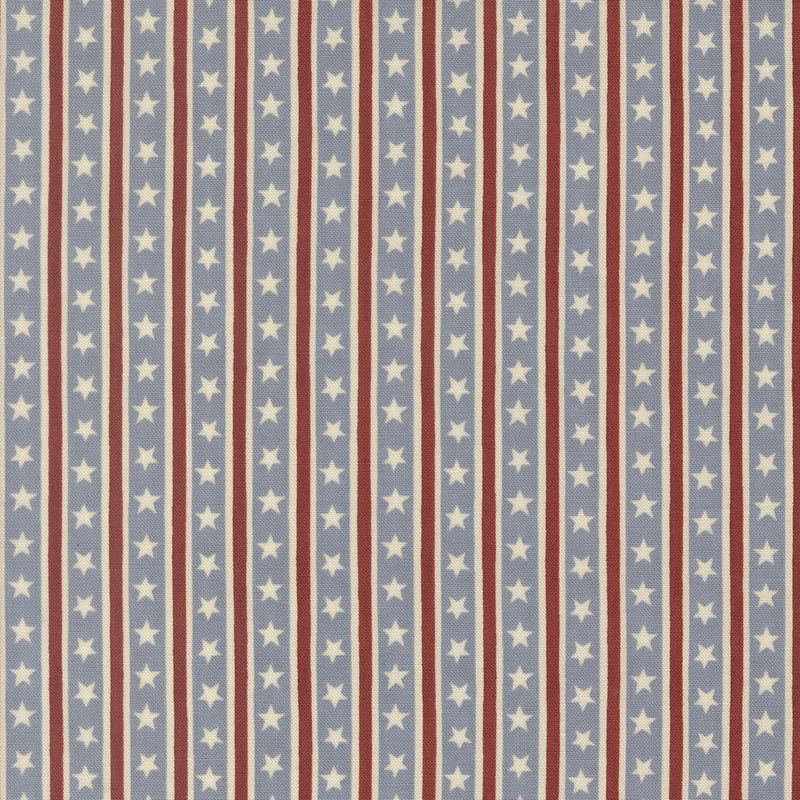 Steel blue fabric with Americana-inspired stripes and stars.