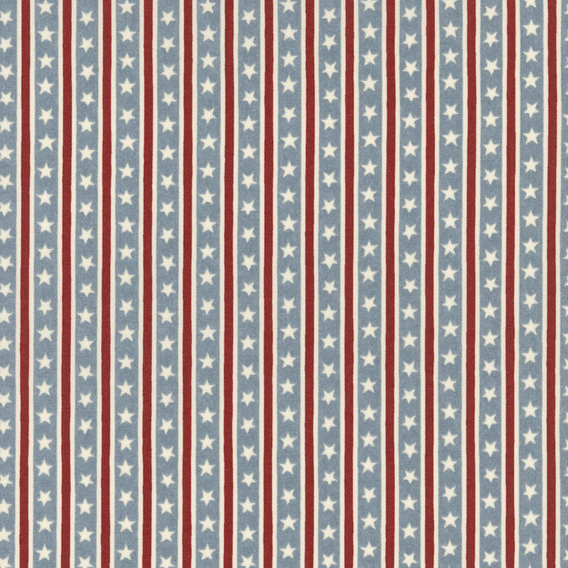 Steel blue fabric with Americana-inspired stripes and stars.