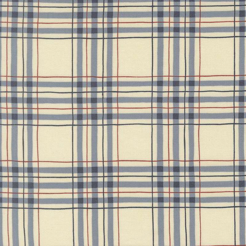 Cream fabric with a red, blue, and black plaid pattern. 