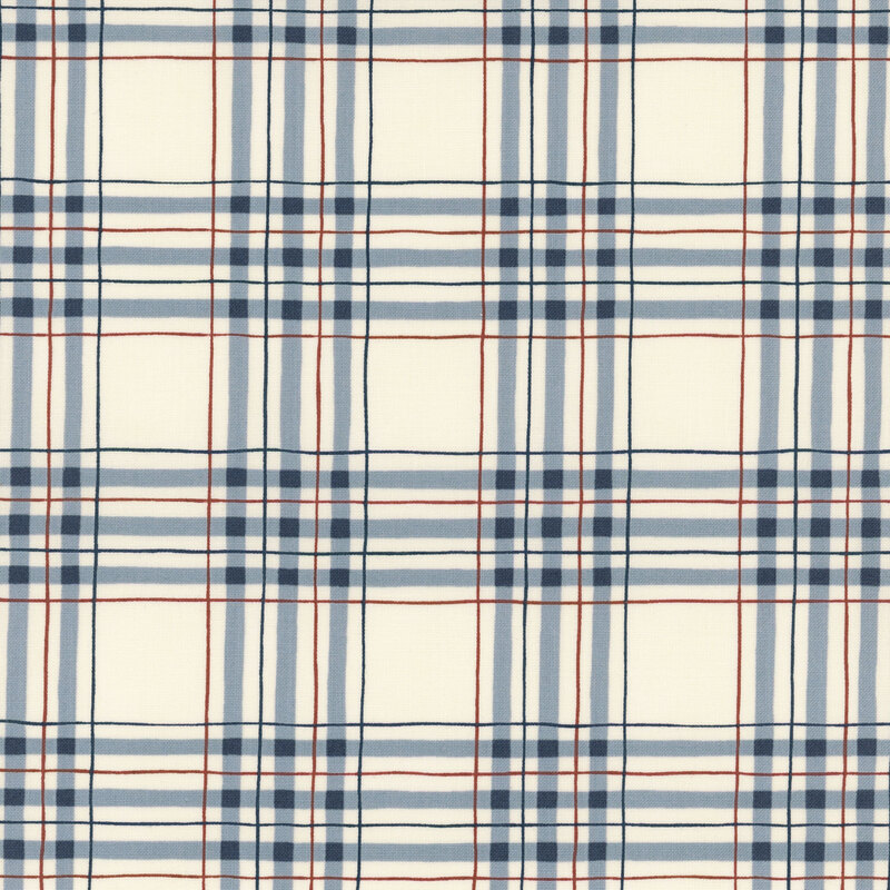 Cream fabric with a red, blue, and navy plaid pattern. 