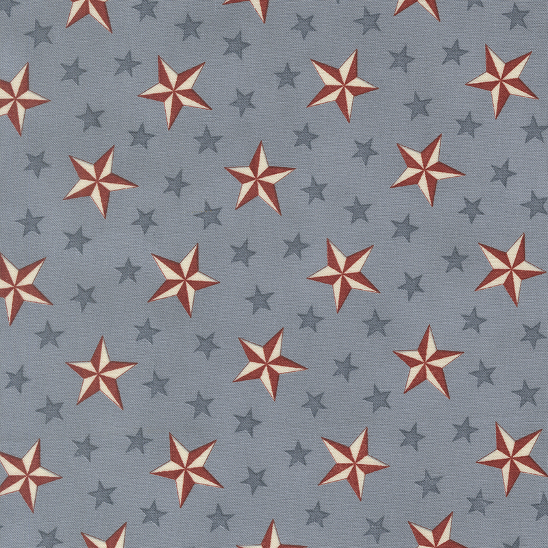 Steel blue fabric with a pattern of stylized stars in red, white, and blue.