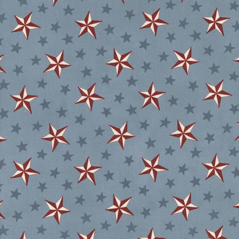 Steel blue fabric with a pattern of stylized stars in red, white, and blue.