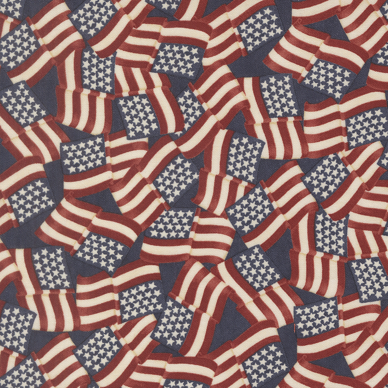 Blue fabric with a dense pattern of American flags
