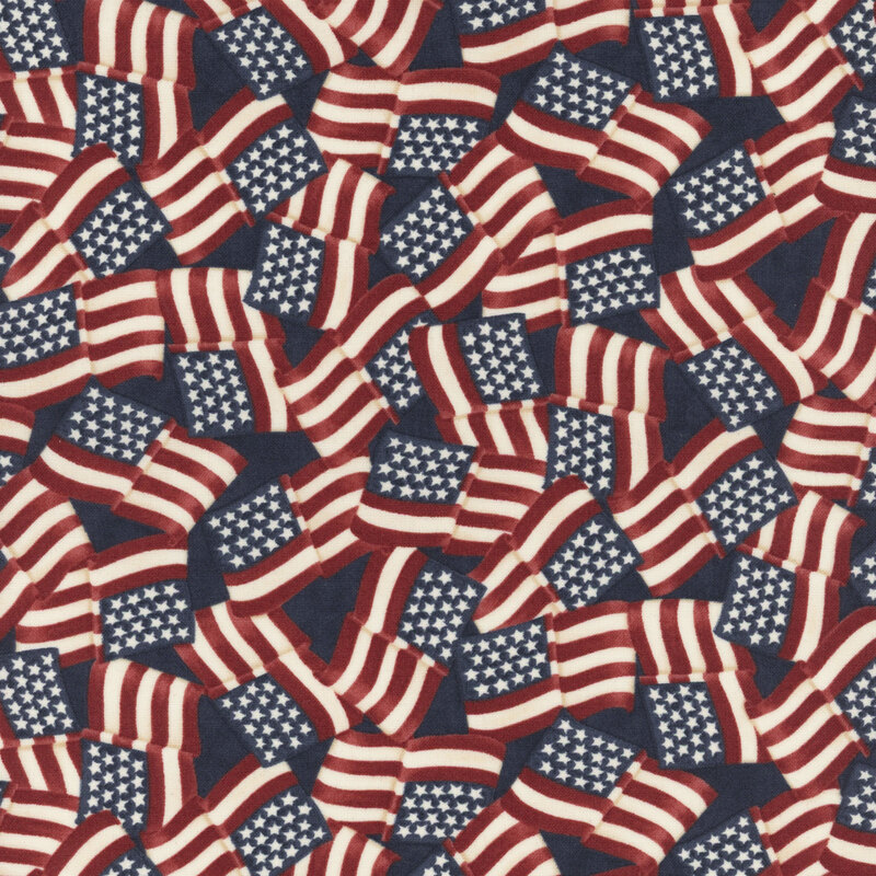 Blue fabric with a dense pattern of American flags