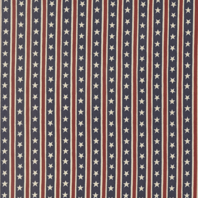 Navy blue fabric with Americana-inspired stripes and stars.