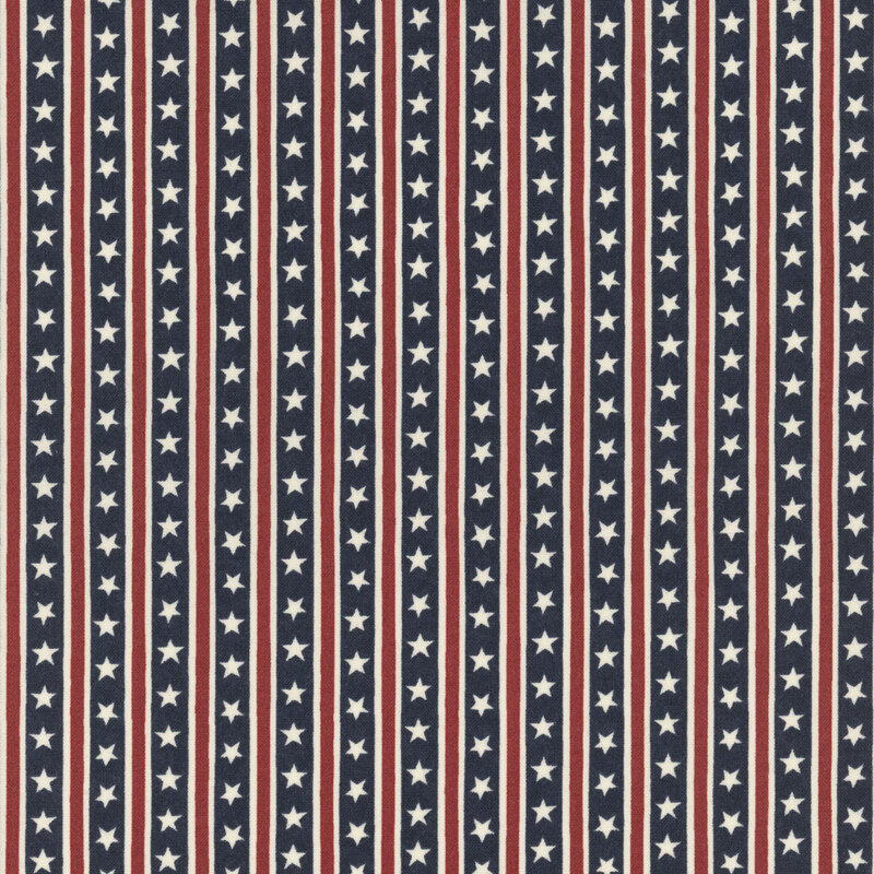 Navy blue fabric with Americana-inspired stripes and stars.