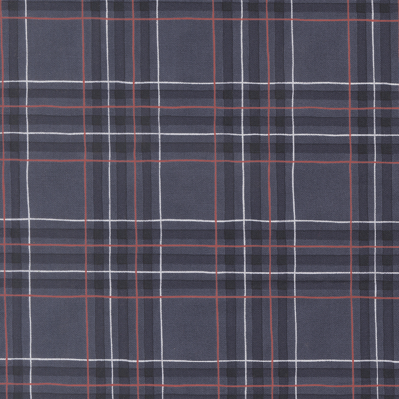Navy blue fabric with a red, blue, and white plaid pattern. 