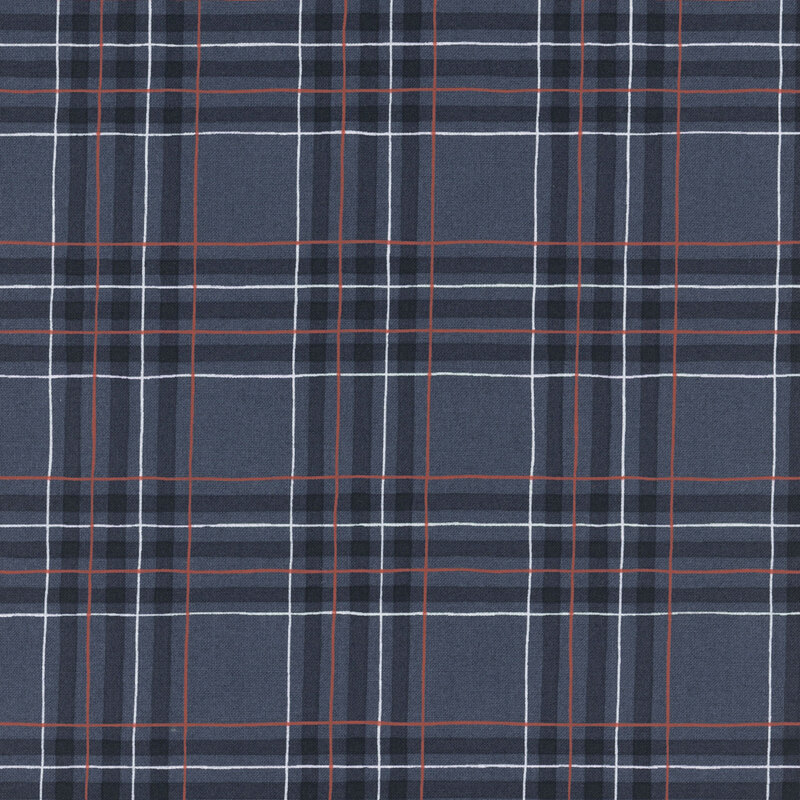 Navy blue fabric with a red, blue, and white plaid pattern. 