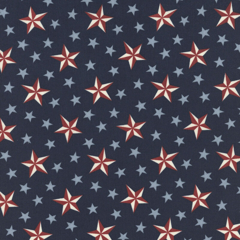 Navy blue fabric with a pattern of stylized stars in red, white, and blue.