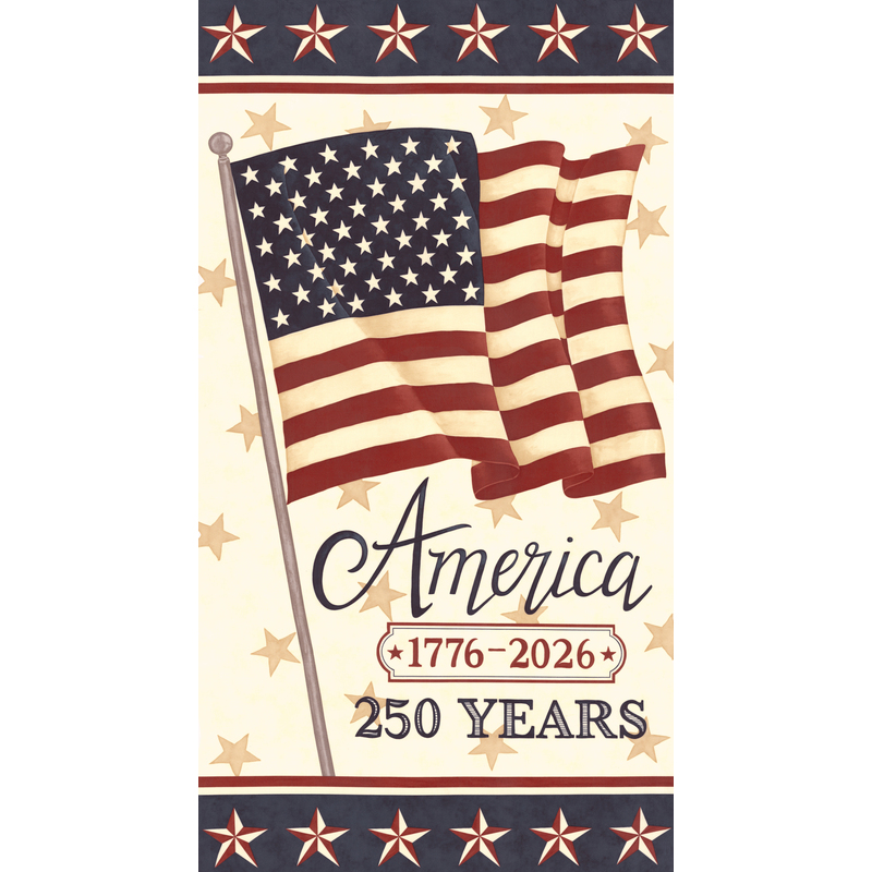 Cream fabric panel with a large American flag, scattered stars, and the text 