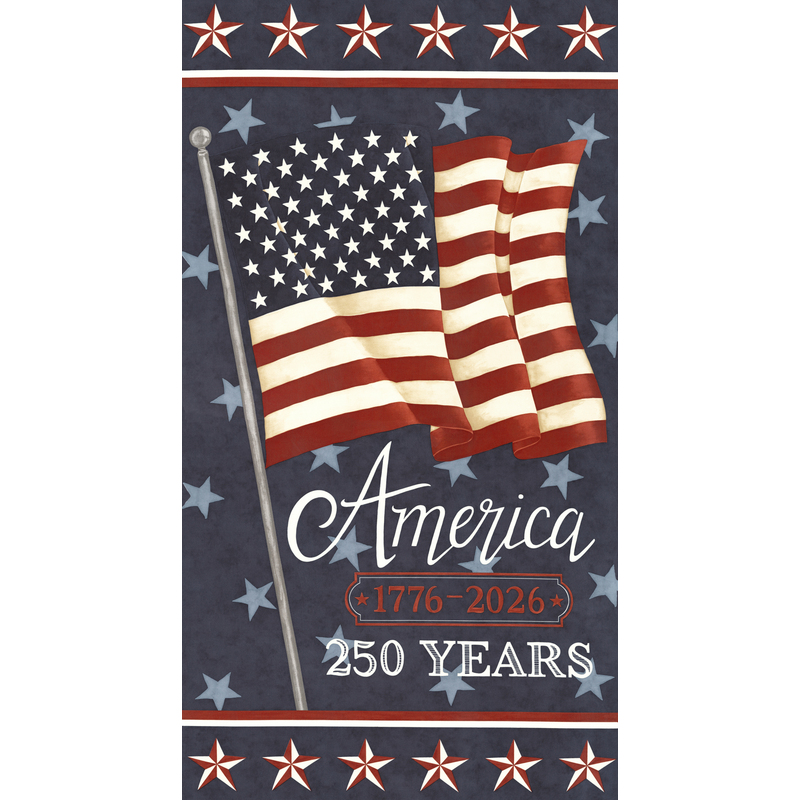 Navy blue fabric panel with a large American flag, scattered stars, and the text 