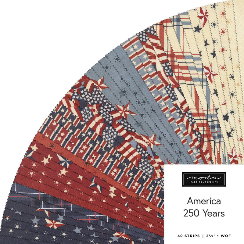 A fan of fabric strips featuring patriotic patterns in red, white, and blue, labeled America 250 Years.