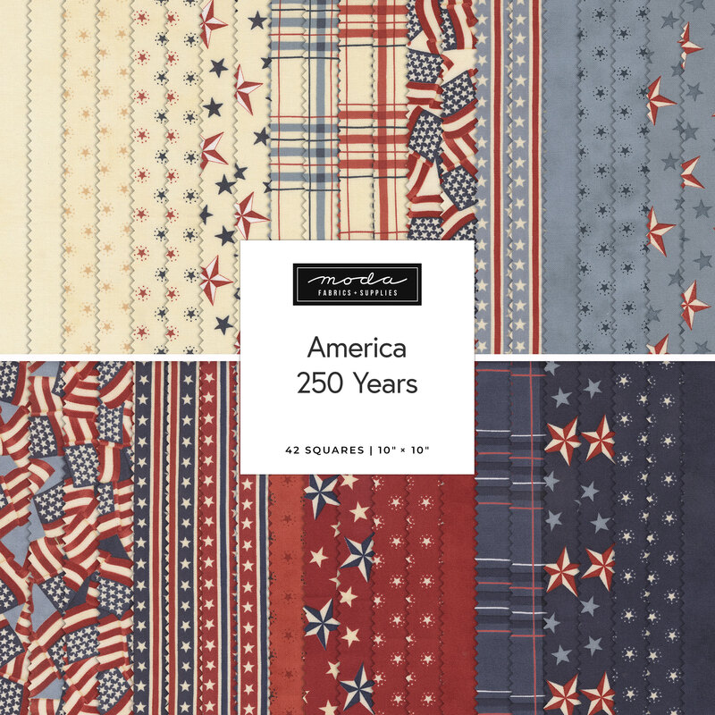 A collection of fabric swatches celebrating America’s 250 years, featuring patterns in red, white, and blue.