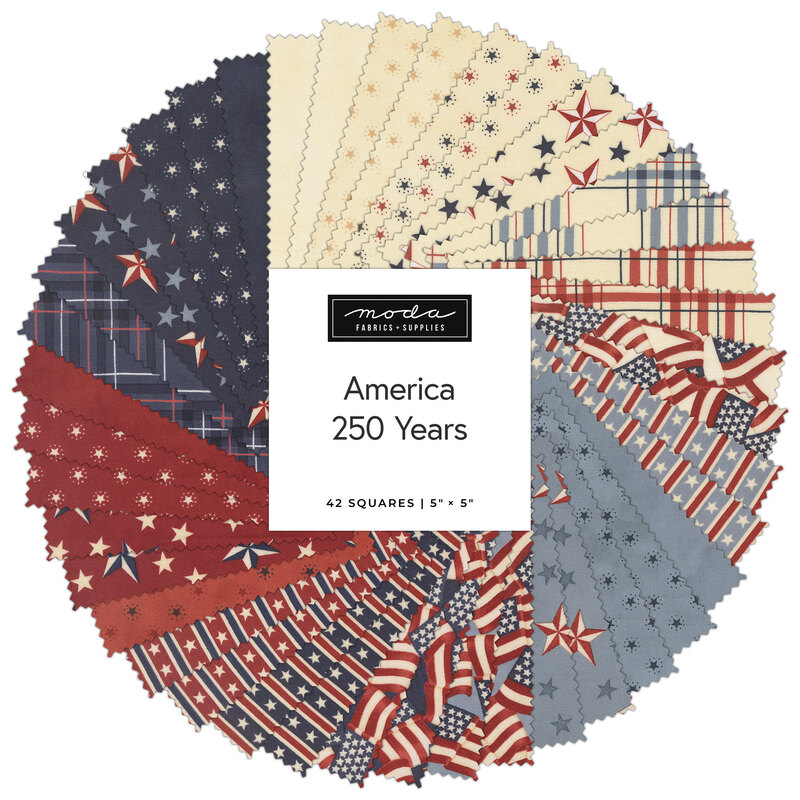 A circular display of 42 fabric squares in red, white, and blue with patriotic patterns, labeled America 250 Years.