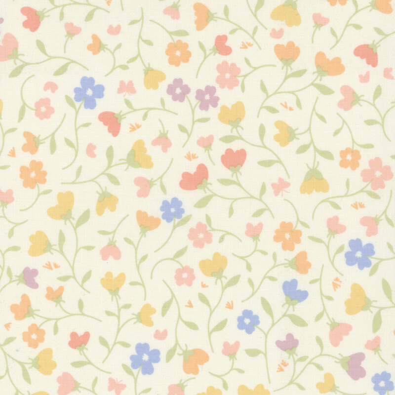 Cream fabric with a sprawling pastel floral and stem design with orange, purple, blue, and pink petals.