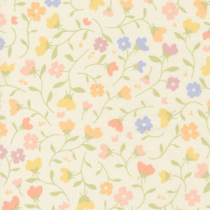 Cream fabric with a sprawling pastel floral and stem design with orange, purple, blue, and pink petals.