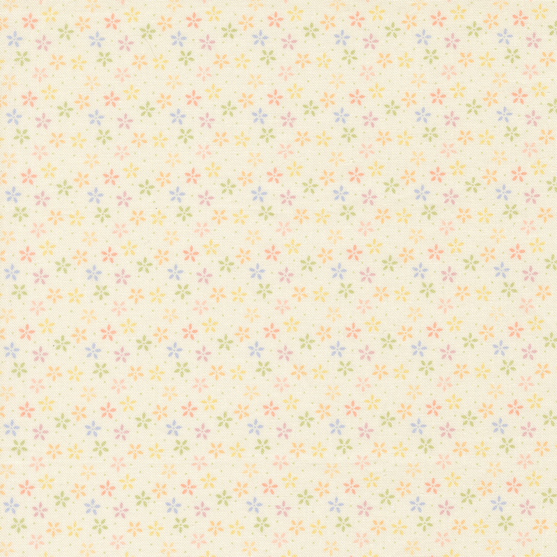 Cream fabric with tiny pastel flowers crowded together amongst pinprick dots.