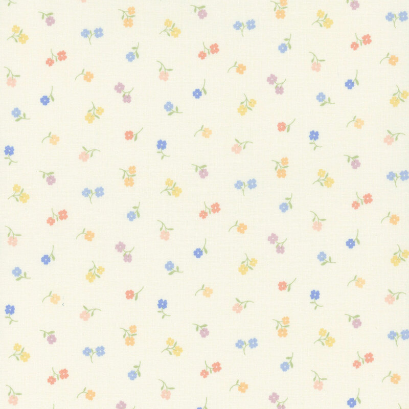 Cream fabric with tossed pastel flowers.