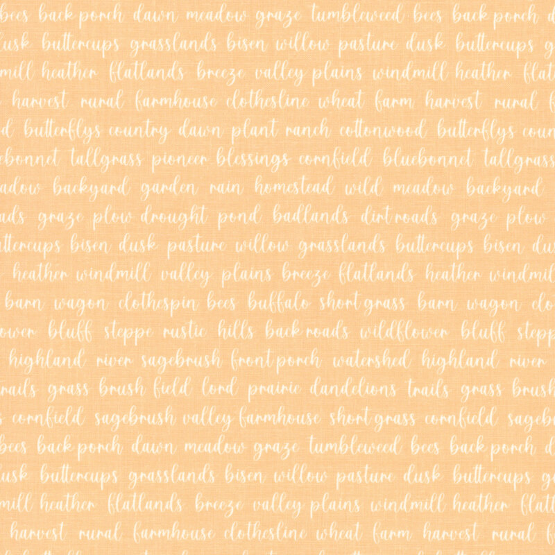 Apricot orange fabric with whimsical prairie terms in cursive script.
