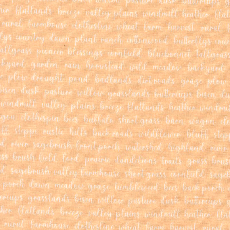 Apricot orange fabric with whimsical prairie terms in cursive script.