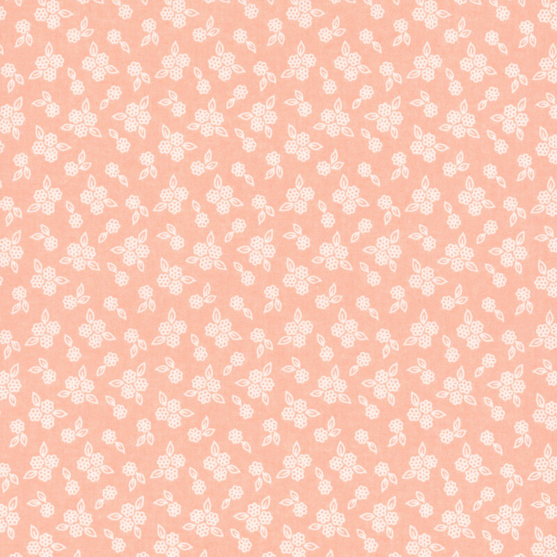 Bright coral fabric with tossed clusters of outlined florals.