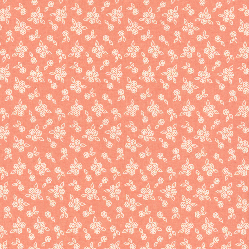Bright coral fabric with tossed clusters of outlined florals.