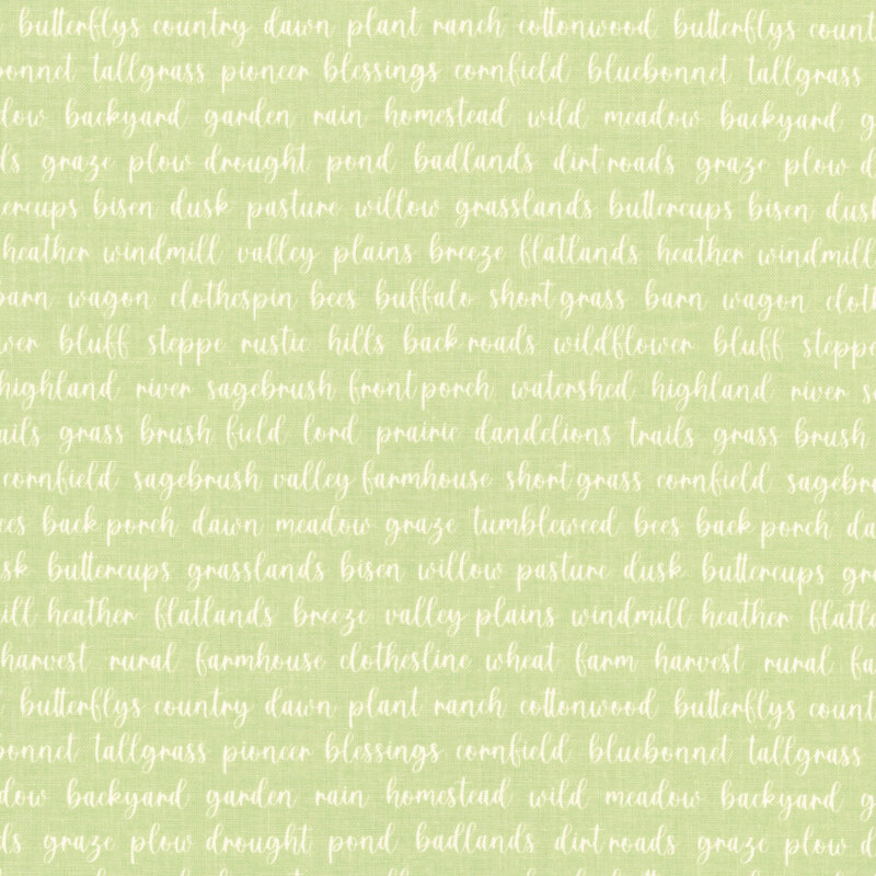 Pear green fabric with whimsical prairie terms in cursive script.