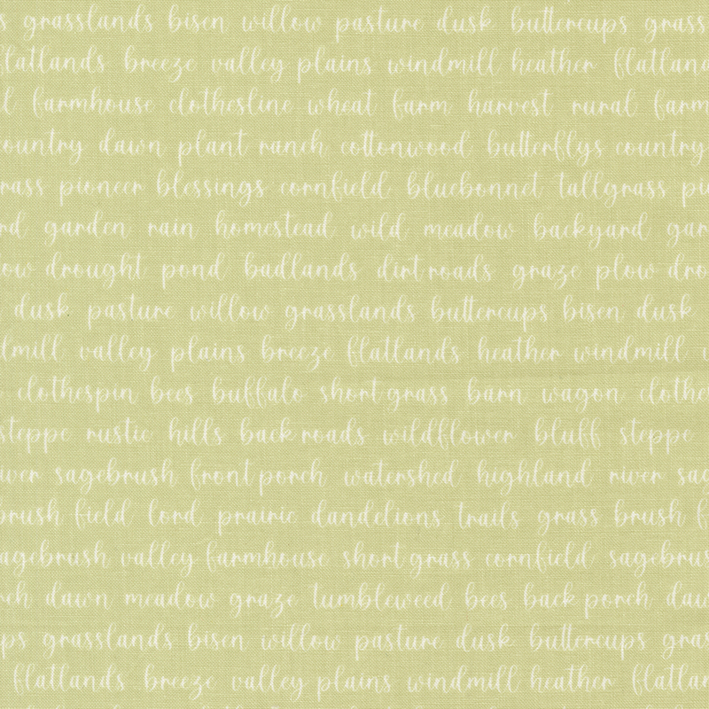Pear green fabric with whimsical prairie terms in cursive script.