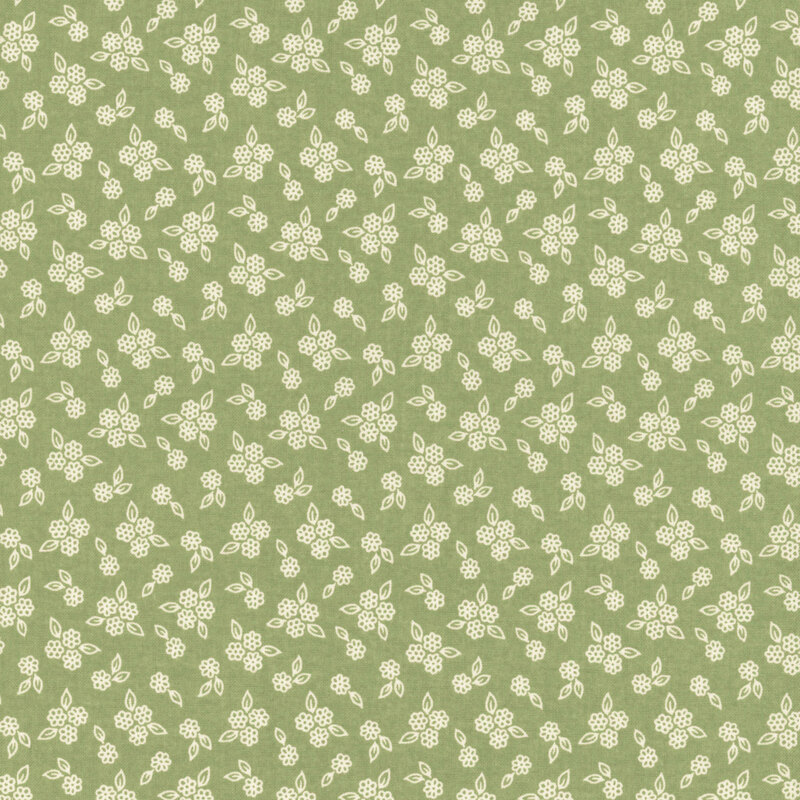 Avocado green fabric with tossed clusters of outlined florals.