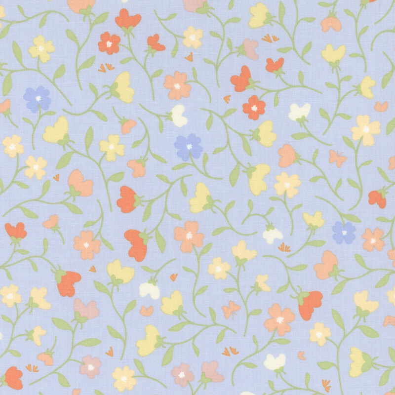 Blue-purple fabric with a sprawling pastel floral and stem design with red, white, yellow, purple, blue, and pink petals.