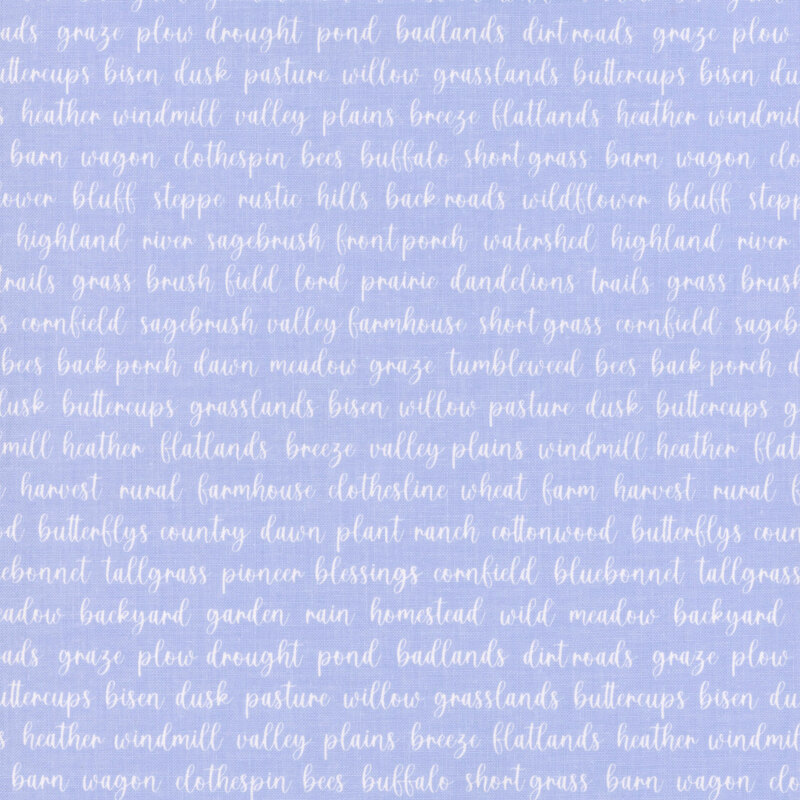 Purplish-blue fabric with whimsical prairie terms in cursive script.
