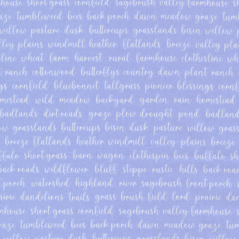 Purplish-blue fabric with whimsical prairie terms in cursive script.