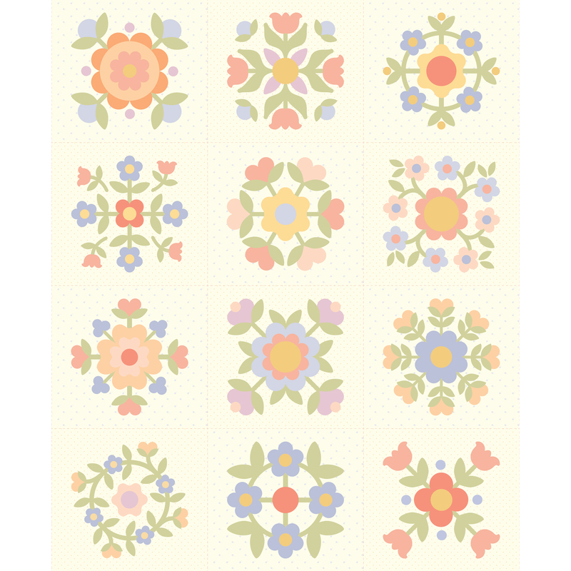 A cream panel with nine different arrangements of florals on a grid.