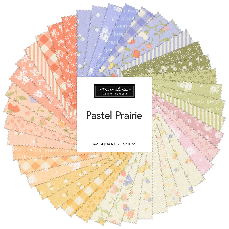 A circular collage of pastel floral fabrics included in the Pastel Prairie Charm Pack.