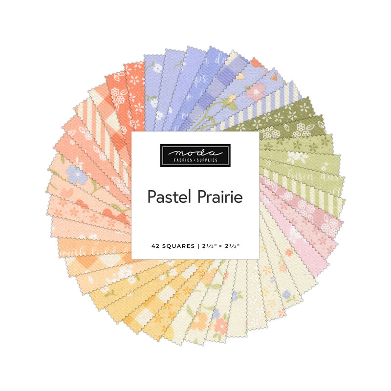A spiral collage of pastel summer fabrics included in the Pastel Prairie Mini Charm Pack.