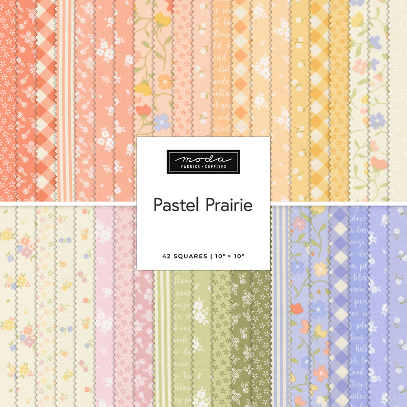 A stacked collage of pastel summer fabrics included in the Pastel Prairie Layer Cake.