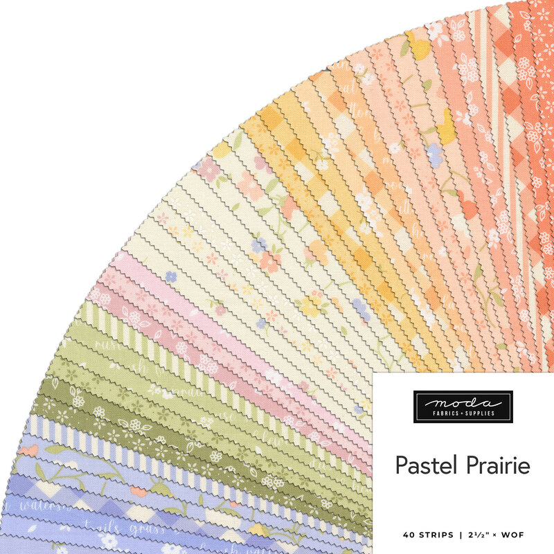 A fanned collage of pastel summer fabrics included in the Pastel Prairie Jelly Roll.
