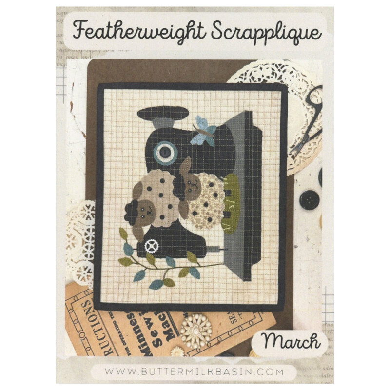Front of the pattern showing the completed project, a sewing machine with two sheep.