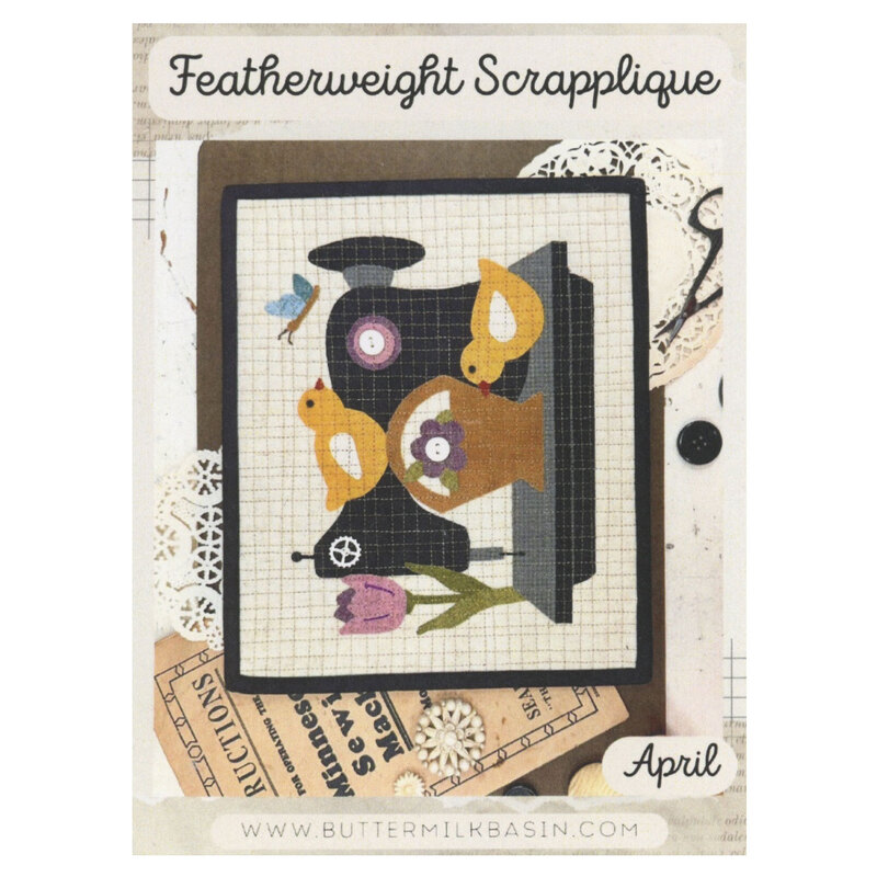 Front of the pattern showing the completed project, a sewing machine with baby chicks, easter basket, and tulip.