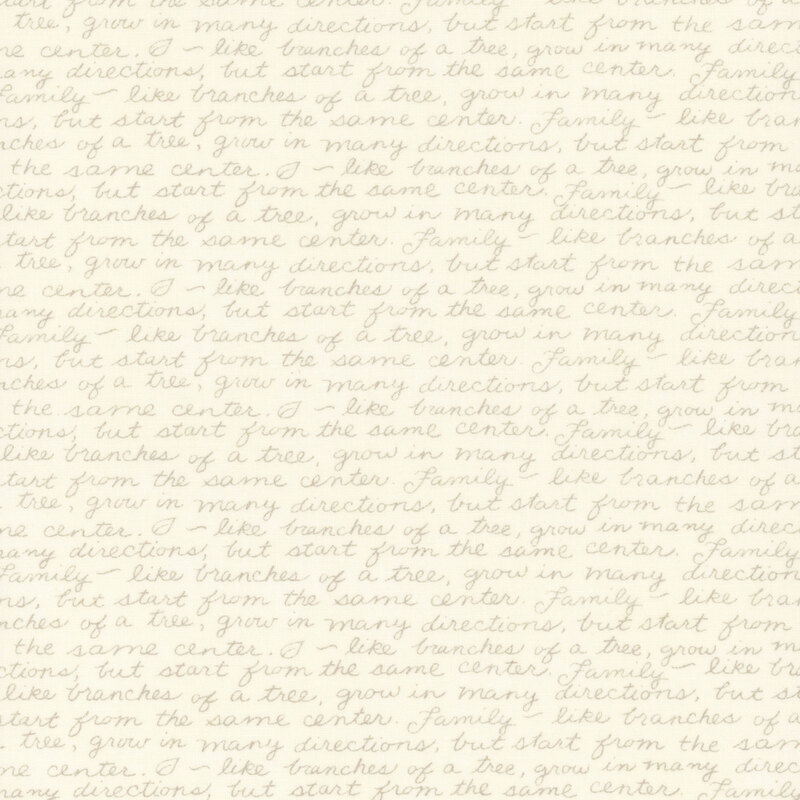 Cream fabric swatch with rows of tonal script of phrases about family.