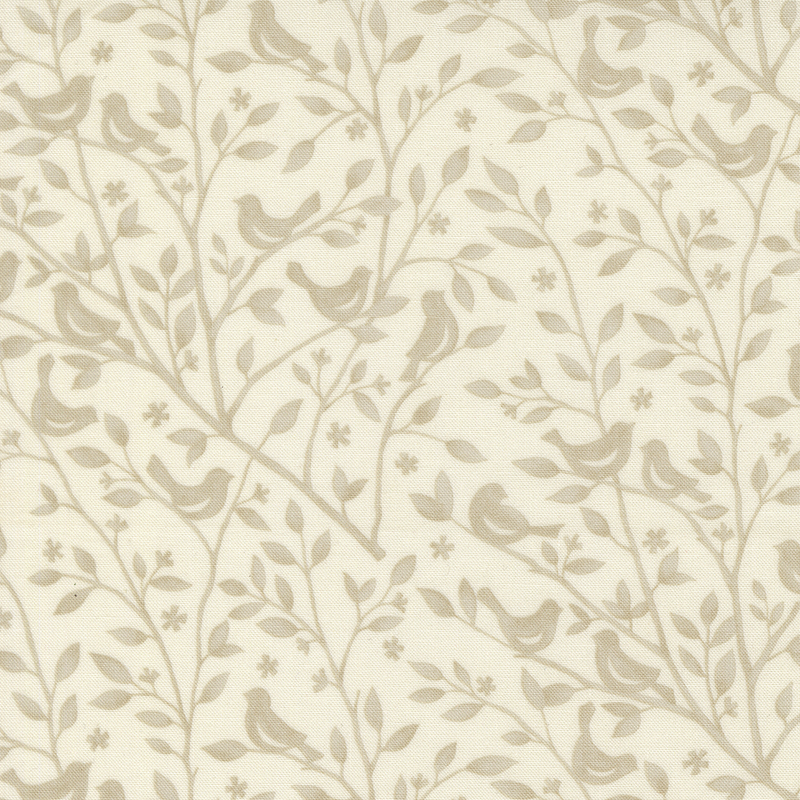 Cream fabric swatch with a tonal beige pattern of leafy branches with birds perched atop them.