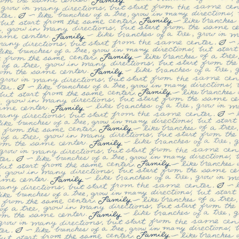 Cream fabric swatch with rows of blue and black script of phrases about family.