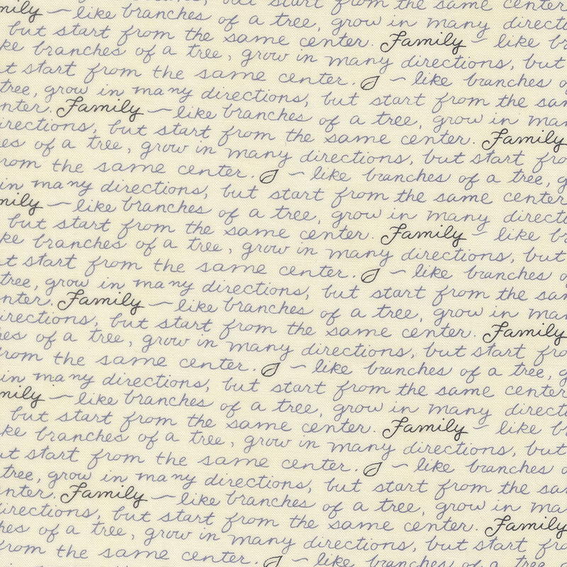 Cream fabric swatch with rows of blue and black script of phrases about family.