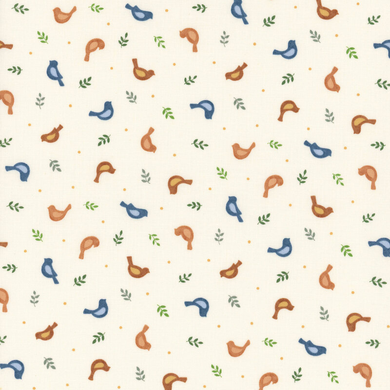 Cream fabric swatch with tossed sprigs, dots, and birds in blue and orange.