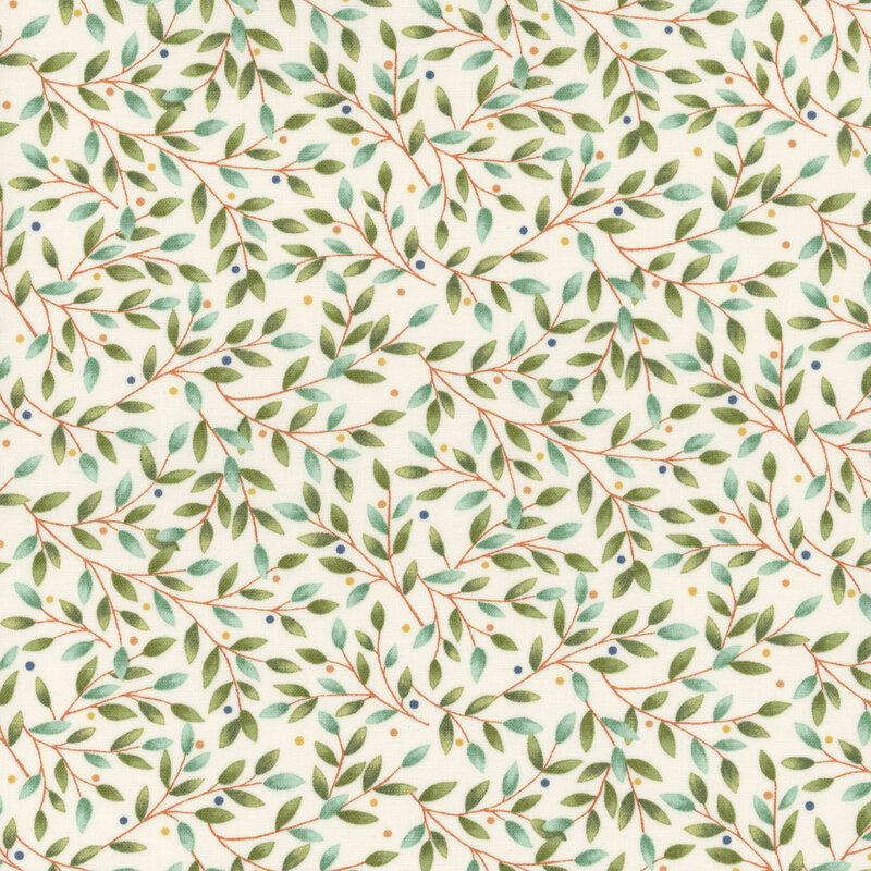 Cream fabric swatch with a dense pattern of leafy green branches and blue and orange dots.