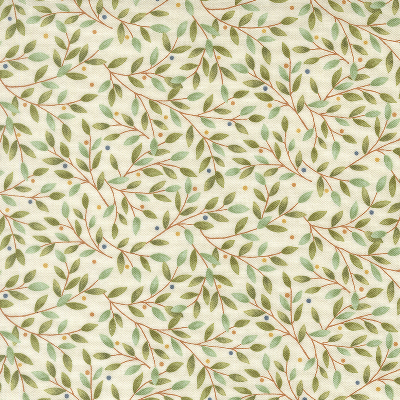 Cream fabric swatch with a dense pattern of leafy green branches and blue and orange dots.