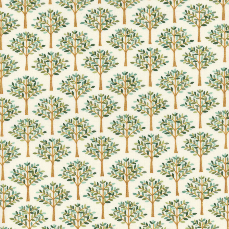 Cream fabric swatch with rows of golden brown trees full of leaves in many shades of green.